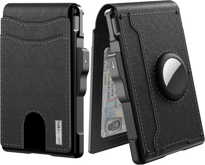 AirTag Wallet for Men - with Pop Up Aluminum Case Money Clip Slim Leather Slots Credit Card Holder RFID Blocking Bifold Minimalist Wallet